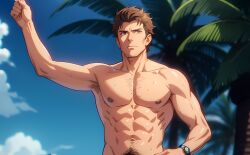 abs ai_generated anime_style armpit_hair armpits arms_up beach blue_eyes body_hair chest chest_hair david_hasselhoff dilf gay lifeguard muscle muscles muscular muscular_arms muscular_male nipples non-web_source pecs pectorals real_person stubble sweaty topless_male