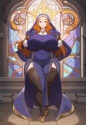 ai_generated alternate_costume big_breasts breasts brown_eyes church cross crucifix curvy huge_breasts large_breasts league_of_legends leona_(league_of_legends) nai_diffusion nun nun's_habit nun_outfit orange_hair plump purple_dress riot_games stable_diffusion stained_glass thick_thighs thighhighs