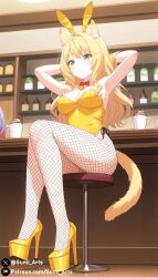 ai_generated blush bunny_ears bunnysuit cat_ears cat_girl cat_tail cleavage female female_only fishnet_pantyhose fishnets fully_clothed green_eyes gumi_arts high_heels indoors maple_(nekopara) medium_breasts nekopara platform_heels revealing_clothes sitting stable_diffusion