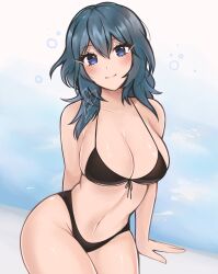 1girls alternate_costume arm_support bare_shoulders bikini black_bikini black_swimsuit blue_eyes blue_hair breasts byleth_(female)_(fire_emblem) byleth_(fire_emblem) cleavage female female female_only fire_emblem fire_emblem:_three_houses groin highres large_breasts long_hair looking_at_viewer navel nintendo purrlucii sitting smile solo stomach swimsuit thighs underboob