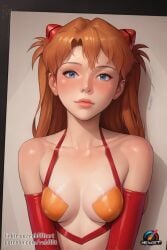 1girls ai_generated asuka_langley_sohryu bikini blue_eyes close-up hair_ornament latex latex_gloves neon_genesis_evangelion patreon reb00t red_hair small_breasts