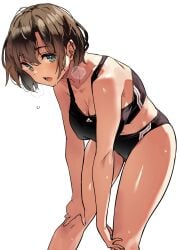 1girls black_panties black_sports_bra brown_hair commentary female female_focus female_only green_eyes heavy_breathing highres kekemotsu looking_at_viewer midriff original panties short_hair simple_background solo sports_bra standing sweat thighs tits underwear white_background