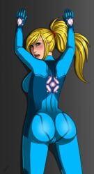 arms_up ass blonde_hair blue_eyes blush bodysuit cameltoe female female_only human liefje looking_back metroid nintendo open_mouth png ponytail samus_aran solo standing tied_hair zero_suit zero_suit_samus