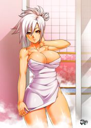 1girls bare_shoulders bathroom breasts cleavage dress female jadenkaiba large_breasts league_of_legends orange_eyes parted_lips riven short_hair side_slit silver_hair solo standing steam tile