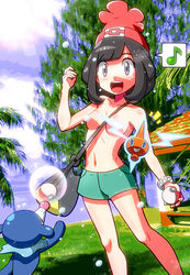 bag casual convenient_censoring female human human_only pale_skin pokemon pokemon_sm popplio rorretsim rotom selene_(pokemon) shorts topless water_drop