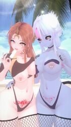 3d absurd_res beach big_breasts evelynn female female_only fishnets koikatsu league_of_legends leona_(league_of_legends) nick_maxwell nipple_piercing nipple_rings piercing queen_of_hearts queen_of_spades stockings stomach_tattoo succubus succubus_tattoo tagme