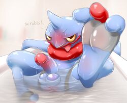 anthro balls barefoot bath bathtub close-up dialogue english_text foot hollo_nut looking_at_viewer male male_only nintendo nude penis pokemon raised_leg shiny shiny_skin solo spread_legs spreading text tongue tongue_out toxicroak water wet