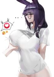 1boy 1girls 2024 animal_ears big_breasts blush breast_grab breasts bunny_ears bunny_girl emoji female glasses groping heart hi_res kemonomimi krirk light-skinned_female light_skin no_bra no_panties nude nude_female oc original_character purple_hair simple_background standing