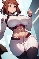 1female 1girls abs ai_generated big_breasts boku_no_hero_academia brown_eyes brown_hair bubble_ass bubble_butt cum hero_outfit_(mha) horny_female huge_ass huge_breasts my_hero_academia ochako_uraraka ochako_uraraka_(hero_outfit) pawg pussy slut slutty_clothing slutty_teenager thick_thighs thighs white_body