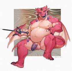 2_horns 3_eyes absurd_res anthro balls belly biceps black_sclera blue_tongue bluecard916 dragon flaccid foreskin front_view genitals hi_res holding_melee_weapon holding_object holding_sword holding_weapon horn humanoid_genitalia humanoid_penis licking licking_lips male melee_weapon multi_eye musclegut muscular mythological_creature mythological_scalie mythology navel nipple_piercing nipples nude open_mouth open_smile orange_eyes partially_retracted_foreskin penis piercing pink_body scalie signature sitting smile solo sword tongue vein veiny_penis weapon wings xvi_ji_(character)