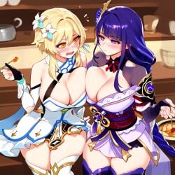 1girls 2girls ai_generated asymmetrical_docking depressu genshin_impact huge_breasts imminent_kiss large_breasts lumine_(genshin_impact) raiden_shogun yuri