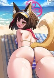 allied_hyakkiyako_academy_student animal_ears ass ass_focus bare_shoulders beach bikini blue_archive blue_bikini blush breasts brown_hair bumbledoge cameltoe cute_fang eyeshadow female fox_ears fox_girl fox_tail halo highres izuna_(blue_archive) izuna_(swimsuit)_(blue_archive) looking_at_viewer looking_back lying makeup medium_breasts neckerchief ninjutsu_research_club_(blue_archive) oerba_yun_fang on_stomach open_mouth red_halo short_hair skin_fang smile striped_bikini striped_clothes swimsuit tail thighs visor_cap yellow_eyes