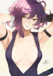 armpits arms_behind_head arms_up breasts cleavage fadingzz front_view jigokuraku orange_eyes purple_hair solo_female yuzuriha_(jigokuraku)