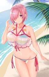 1girls arind_yudha big_breasts bikini breasts fate/grand_order fate_(series) female hair_over_one_eye large_breasts mash_kyrielight pink_hair purple_eyes solo soloswimsuit_of_perpetual_summer_ver.02