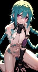 ai_generated black_background braid breasts covered_nipples covering_breasts embarassed jinx_(league_of_legends) league_of_legends not_a_shark nude_female pussy shy small_breasts squatting stable_diffusion uncensored