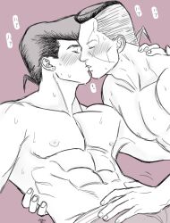 abs black_and_white delinquent jojo&#039;s_bizarre_adventure josuke_higashikata kissing making_out male_only okuyasu_nijimura pompadour sweat underwear