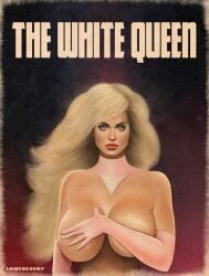 blonde_female blonde_hair blue_eyes covering_breasts emma_frost female female_only hellfire_club large_breasts lonedesert marvel marvel_comics painting_(artwork) realistic white_queen x-men