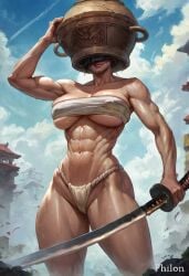 1girls abs ai_generated architecture arm_up biceps black_hair blue_sky breasts cloud collarbone day east_asian_architecture elden_ring fundoshi genderswap genderswap_(mtf) helmet holding holding_sword holding_weapon japanese_clothes katana large_breasts let_me_solo_her lips muscular muscular_female navel obliques outdoors perfect_body philon rule_63 sarashi short_hair sky solo stable_diffusion standing sweat sword thick_thighs thighs underboob weapon