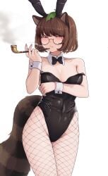 1girls 2d animal_ears blush bowtie bowtie_collar brown_eyes brown_hair bunny_ears bunnysuit detached_cuffs female female_only fishnet_pantyhose fishnet_stockings fishnets fully_clothed glasses humanoid leaf leaf_on_head looking_at_viewer mamizou_futatsuiwa nervous revealing_clothes short_hair shy smoke smoking smoking_pipe solo son_(artist) source standing sweatdrop tail tanuki tanuki_ears tanuki_girl tanuki_humanoid tanuki_tail touhou