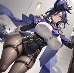 ai_generated bare_legs blue_hair clorinde_(genshin_impact) curvaceous curvy_female genshin_impact gigantic_breasts hat huge_breasts huge_thighs kotatsu_yakan light-skinned_female light_skin looking_down massive_breasts medium_hair pantyhose purple_eyes solo_female thick_thighs thighs thighs_bigger_than_head voluptuous voluptuous_female