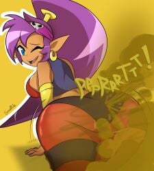 1girls big_ass big_butt fart fart_cloud fart_fetish farting female female_only gas gassy gassy_female one_eye_closed purple_hair shantae shantae_(character) shantae_and_the_pirate's_curse smellie smelliegas smelly solo solo_female stinky thick_thighs yellow_background