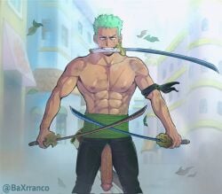 1boy abs alabasta anime_style arabasta_saga balls ballsack bara baxrranco biceps big_penis black_hair clothing erect_penis erection gay green_hair hands-free hands_up haramaki huge_cock long_penis looking_at_viewer male male_focus male_nipples male_only manly mature_male muscles muscular muscular_male nipples nude nude_male nudity one_piece pecs penis pre-timeskip public public_exposure public_nudity roronoa_zoro scar solo solo_focus squatting sweat sweating tagme tight_clothing vein veiny_penis