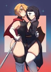 2femboys blonde_hair bulge_through_clothing commission femboy femboy_only hidden_eyes nun sissy sketch thick_thighs thighhighs tottalyaw31rd0