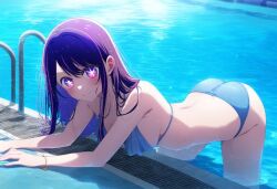 ai_generated bent_over bikini bikini_bottom bikini_top hoshino_ai in_pool looking_at_viewer oshi_no_ko pool purple_hair smile stable_diffusion swimming_pool swimsuit swimwear