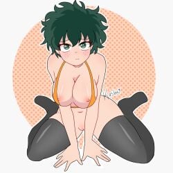 1girls big_breasts bikini_bottom blush boku_no_hero_academia curvy_female deku embarrassed embarrassed_nude_female female_deku female_focus female_only female_version freckles freckles_on_face green_eyes green_hair izuku_midoriya looking_at_viewer midoriya_izuku my_hero_academia naked naked_female nipples no_panties pussy short_hair