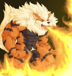 abs arcanine blue_eyes canine fire fur male male_only mammal muscles nintendo penis pokemon pokemon_(species) solo strips teeth uncut video_games