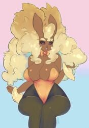 anthro black_sclera breasts bunny_ears bunny_girl bunnygirl cleavage dark_skin female large_breasts leotard live_for_the_funk long_hair lopunny nintendo pantyhose pink_eyes pokémon_(species) pokemon pokemon_(species) ribbon sitting smile white_hair