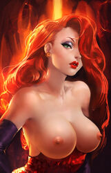 1girls breasts breasts_out collarbone disney dress earrings elbow_gloves face female female_only gloves green_eyes hair_over_one_eye highres human jessica_rabbit jewelry large_breasts lips lipstick long_hair looking_at_viewer makeup nipples orange_hair photoshop red_hair red_lipstick sakimichan solo who_framed_roger_rabbit