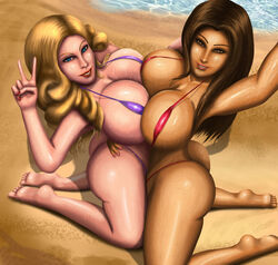 2girls armpits ass barefoot beach big_ass bikini blonde_hair blue_eyes boobs_bang breast_press brown_eyes brown_hair curvy dark-skinned_female dark_skin female from_above hug huge_breasts interracial kneeling lipstick long_hair looking_at_viewer micro_bikini multiple_girls nail_polish ocean smile smirk svoidist v water wet