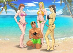 1boy 3futas anasheya barefoot beach big_breasts bikini black_hair blonde_hair blue_eyes blush breasts brown_eyes brown_hair cleavage dead_or_alive dickgirl erect_nipples erection feet futa_is_bigger futa_on_male futadom futanari hand_on_hip human human_only intersex kasumi_(doa) large_breasts lei_fang long_hair male malesub navel outdoor penis penis_size_difference ponytail smile standing surprised surrounded_by_futanari surrounded_by_penises tecmo testicles tied_hair tina_armstrong twintails