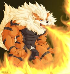 anthro arcanine arm biceps blue_eyes bodybuilder breath fire flamethrower fur male male_only muscles naruever nintendo pecs penis pokemon pokemon_(species) ranged_weapon solo video_games weapon