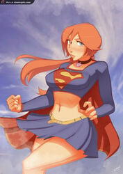 blue_eyes cape cosplay dc dc_comics female freckles navel orange_hair sillygirl sillygirl_(character) solo standing supergirl_(cosplay) tied_hair twintails