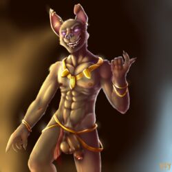 abs balls beckoning canine clothing furfit glowing glowing_eyes grin half-erect jackal jewelry league_of_legends loincloth looking_at_viewer male male_only mammal muscles nasus nipples nude partially_retracted_foreskin pecs penis piercing pubes riot_games sharp_teeth signature solo standing step_pose teeth uncut video_games