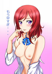 blush bow breasts cum cum_on_hair cum_string female gradient gradient_background highres kenken love_live! love_live!_school_idol_project nipples nishikino_maki open_clothes open_shirt purple_eyes red_hair shirt short_hair solo tongue