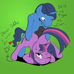 2015 animal_genitalia biting_lip blush colored crescent_(mlp) cutie_mark daddy_kink daughter dialogue duo english_text equine father father_and_daughter female friendship_is_magic green_background hair horn horsecock incest male mammal my_little_pony night_light_(mlp) one_eye_closed parent penis plain_background poprocks purple_eyes straight text twilight_sparkle_(mlp) unicorn vein