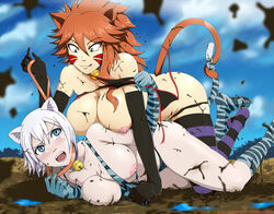 2girls :3 animal_ears areolae assisted_exposure bell bikini_top_removed blue_eyes blush breasts brown_hair cat_ears cat_tail catfight collar collar_pull facial_mark fairy_tail large_breasts lisanna_strauss millianna mud mud_wrestling multiple_girls nipples open_mouth smile stormfeder striped striped_legwear tail tails_touching thighhighs undressing white_hair