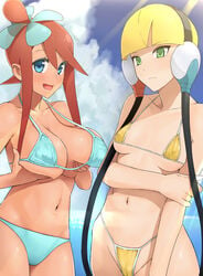 2girls bikini blonde_hair blue_eyes breasts chocolate_and_vanilla elesa_(pokemon) elesa_(pokemon_bw) female female_only green_eyes gym_leader hair_ornament human large_breasts long_hair looking_at_viewer looking_down multiple_girls nintendo ocean pokemon pokemon_bw red_hair skyla_(pokemon) small_breasts swimsuit ts422