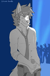 1boy anthro balls belt canine closed_eyes clothed clothing fur hair half-dressed humanoid_penis male male_only mammal masturbation necktie pants pants_down penis sex smile solo yuguni yuguni_(character)