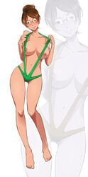 absurdres alter-22 barefoot bikini blush breasts breasts_out brown_hair female glasses green_eyes julie_(kudos707) navel nipples original sling_bikini sling_bikini_aside smile solo swimsuit swimsuit_pull zoom_layer