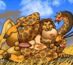 2015 anthro balls big_breasts breast_bite breasts erection feline female fur furry giraffe interspecies lion male mammal nipples nude open_mouth penis predator/prey sex straight tongue zp92