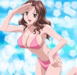 akahori_gedou_hour_rabuge bikini breasts brown_eyes brown_hair cleavage female hokke_otone large_breasts long_hair salute screencap smile solo stitched swimsuit wavy_hair