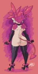 anklet ass back bigdeadalive black_gloves black_legwear collar demon_girl demon_tail disgaea earrings elbow_gloves etna female gloves highres jewelry pointy_ears red_hair skull skull_earrings solo standing tail thighhighs tied_hair twintails wings