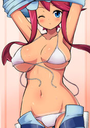 armpits arms_up bikini bikini_malfunction blue_eyes blush breasts chro erect_nipples female gym_leader human large_breasts long_hair midriff navel nintendo one_eye_closed pants pokemon pokemon_bw red_hair skyla_(pokemon) solo sweat swimsuit tan tanline undressing wardrobe_malfunction