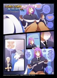 brown_fur canine closed_eyes clothed clothing comic english_text equine erection fur girly grey_fur group hair half-closed_eyes half-dressed half-erect horse humanoid_penis inside male male_only mammal open_mouth page_1 page_number part_2 penis phone purple_hair smile teeth text toilet tokifuji tongue white_fur wolf