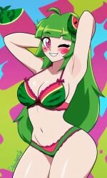 ai_generated armpits big_breasts blush colorful_background cute_girl green_hair happy_female lingerie long_hair pink_eyes underwear vannamelon vannamelon_(copyright) wink winking_at_viewer