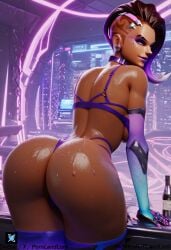 ai_generated big_ass big_breasts black_male bra cameltoe cock_ring cum cum_in_mouth cum_on_face latina multicolored_hair overwatch overwatch_2 pornlandlord purple_background purple_eyes shorts sombra thick thick_thighs wet